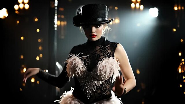 A poised female wears a refined hat and dark attire while performing a burlesque routine. She is confident with red lipstick. Intense stage lighting surrounds her as she captivates the audience