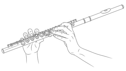 Detailed line art illustration demonstrating the correct fingering technique for playing notes on a concert transverse flute focusing on accurate finger placement and key depression