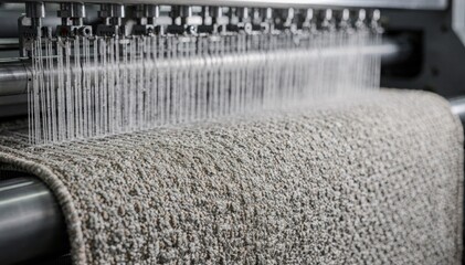 Medium shot of synthetic filaments being extruded and woven into broadloom rolls showcasing the texture and uniformity of solutiondyed nylon materials.