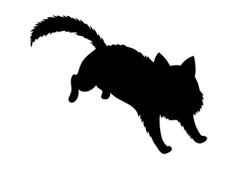 Cat silhouette. Black cat shape isolated on white background. Hand drawn illustration, flat design. Vector kitty jumps