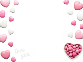 A collection of pink and white hearts on a transparent background for valentines day or love themed designs