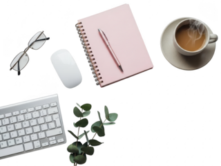 A well arranged desk with office supplies and a cup of coffee on a transparent background