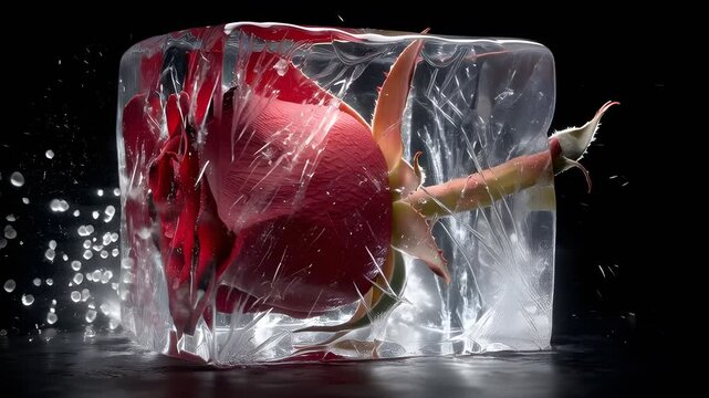 Red rose frozen in a block of ice on black background