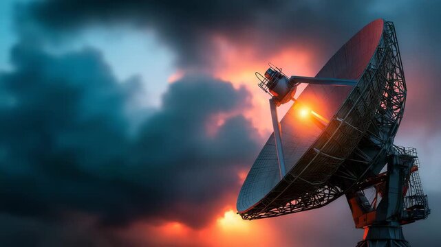 Satellite dish antenna transmitting signals under dramatic sunset sky