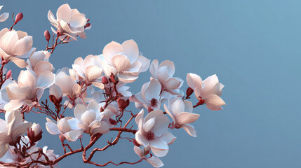 white magnolia flowers on blue background with copy space for spring branding and elegant design