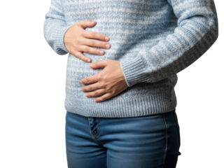 A person clutching their stomach in discomfort or pain on isolated transparent background for health issues and medical concepts