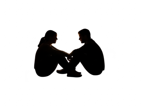 Silhouette of a man and woman sitting together on the ground in a thoughtful pose isolated on transparent background - Powered by Adobe