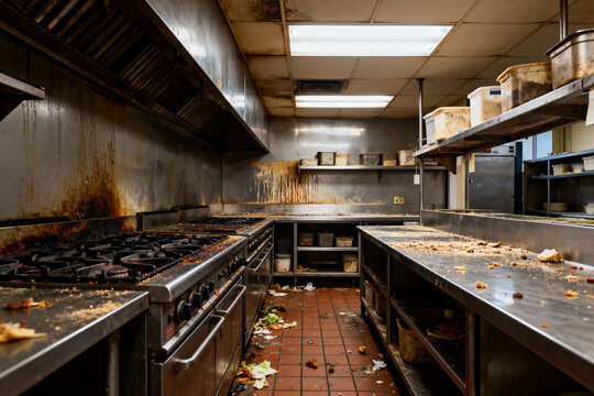 Dirty commercial kitchen interior with food waste and grime