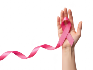 Hand holding pink ribbon on transparent background for breast cancer awareness