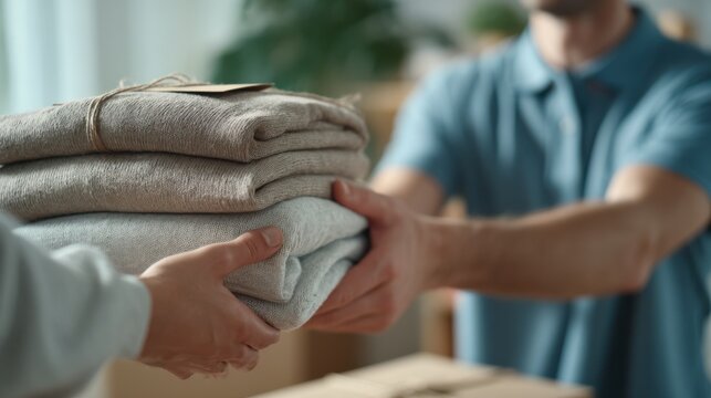 Medium shot of a delivery person handing over neatly folded clothes to a happy customer emphasizing quality fold and pickup laundry service.