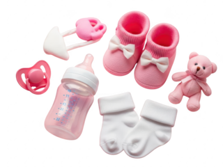 Baby girl accessories including pink shoes and pacifier isolated on transparent background