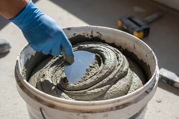 Applying cement with a trowel in a bucket during construction work