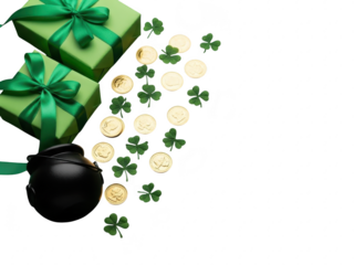 A pot of gold coins and gifts on a transparent background for st patricks day