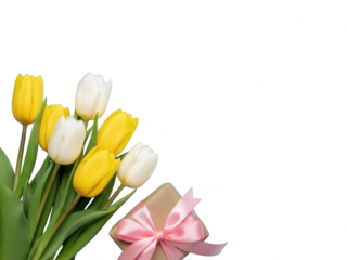 Bouquet of yellow and white tulips with pink gift box on transparent background for spring