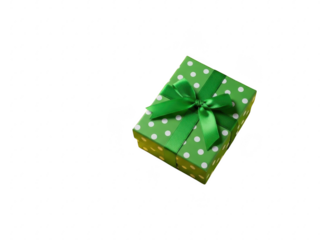 A green gift box with white polka dots and a green ribbon on top isolated on transparent background