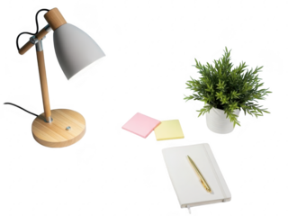 Office workspace with lamp and plant on transparent background for productivity