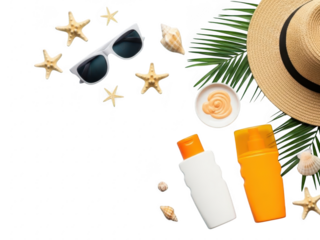 Summer vacation items with sunscreen and sunglasses on transparent background