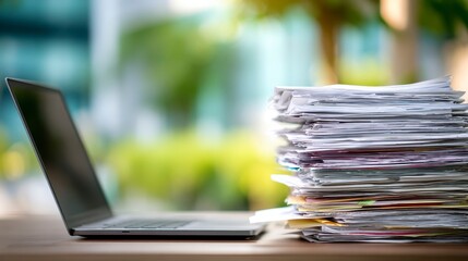 A laptop sits beside a large paper stack on a wooden surface, with a blurry green background of trees