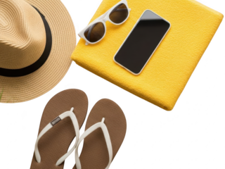 Summer vacation accessories including hat, flip flops, phone, and sunglasses on transparent background