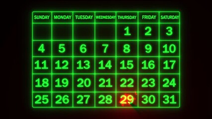 Neon line 2026 New Year's Day calendar 29 date with color stain/ink bloom thumb calendar 29 date highlighted important day symbol highlight list macro management mark number, 4k video.. 