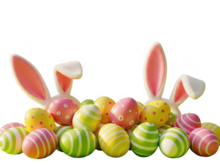 Easter eggs and bunny ears on transparent background for spring holiday celebration