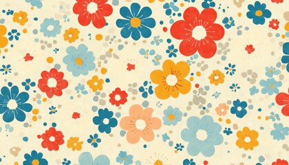 Vintage Floral Tapestry Background with Colorful Geometric Flowers on Textured Beige Wallpaper