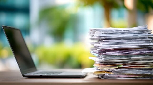 A laptop sits beside a large paper stack on a wooden surface, with a blurry green background of trees - Powered by Adobe