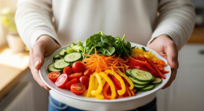 Homme v&eacute;g&eacute;tarien avec une assiette de l&eacute;gumes frais en gros plan.
