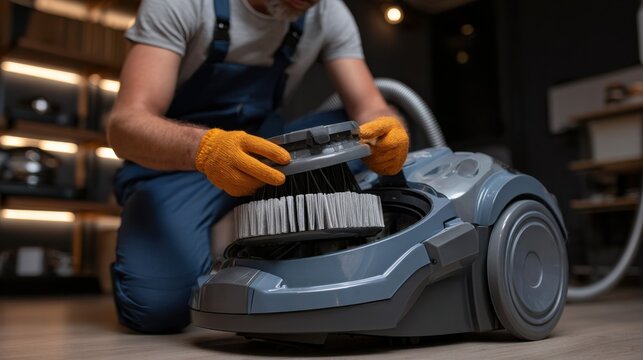 Medium shot focusing on a technician examining the dust bin and filters of a bagless vacuum cleaner demonstrating routine maintenance tasks.