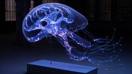 Illuminated wire mesh jellyfish sculpture with glowing nodes, displayed against a dark background, showcasing its intricate details