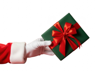 A hand dressed as santa claus holding a green gift box with a red bow isolated on transparent background