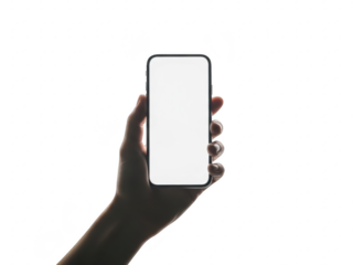 Silhouette of hand holding blank smartphone on isolated transparent background for mockup