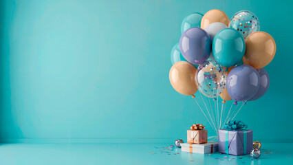 A colorful arrangement of balloons and gifts on a teal background for a festive celebration