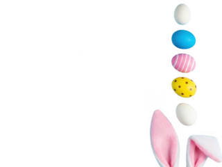 Colorful easter eggs and bunny ears isolated on transparent background
