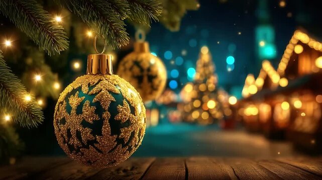 Golden Christmas ornaments on a wooden table with festive lights