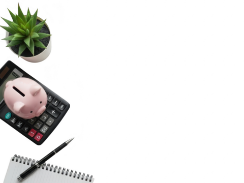 Flat lay of a potted plant, piggy bank, calculator, pen, and notebook on transparent background - Powered by Adobe
