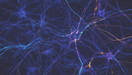Neural network background, glowing lines on a dark background with noise and grain illustration.
