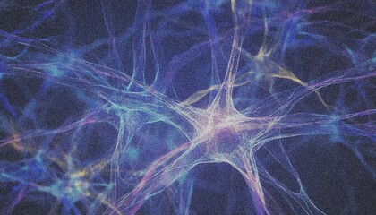 Neural network background, glowing lines on a dark background with noise and grain illustration.