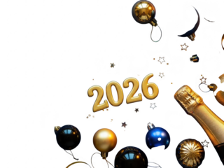 New years eve celebration with gold balloons and champagne on transparent background