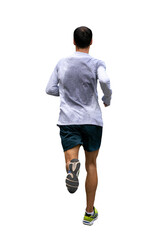 Runner with sweat-soaked back running race on transparent background