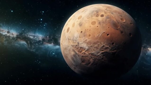 Red dwarf planet orbiting in deep space with starry background and nebula, solar system exploration