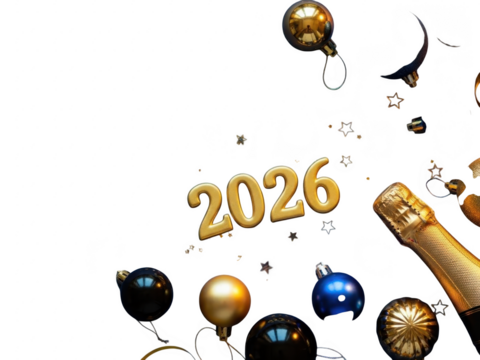New years eve celebration with gold balloons and champagne on transparent background - Powered by Adobe