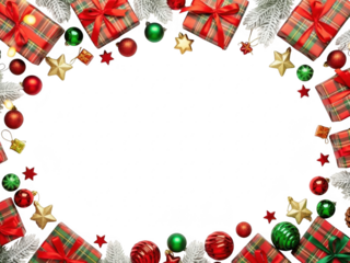 Festive christmas border with gifts, ornaments, and stars on transparent background