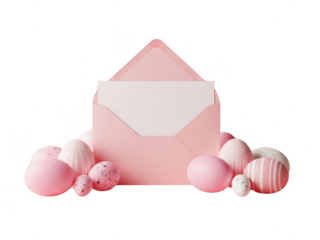 A pink envelope surrounded by pink and white easter eggs on transparent background