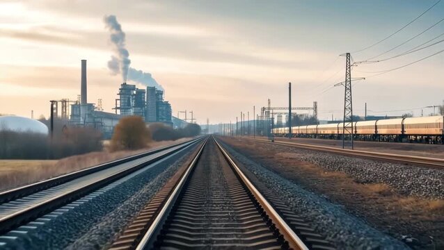 Industrial landscape with railway tracks and cargo train near power plant at sunset