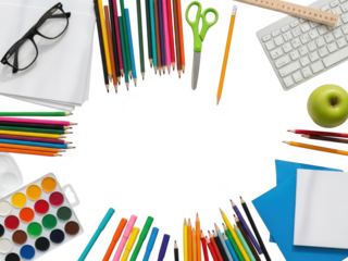 Colorful school supplies arranged in a circle on a transparent background for education themes