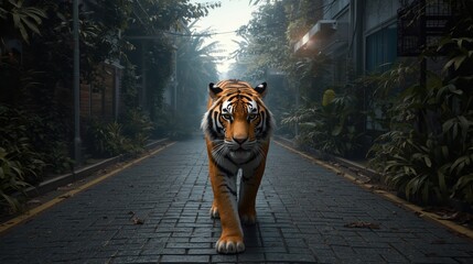 Tiger stalking down urban path