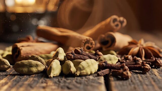 Whole Indian spices assortment with cardamom, cinnamon, and cloves in bowls