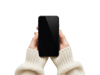 Person holding smartphone with hands wearing white sweater isolated on transparent background