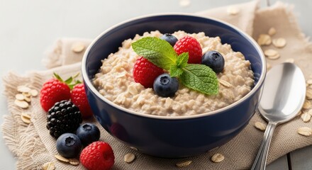 Delicious oatmeal breakfast bowl with fresh raspberries blueberries and blackberries on a beige cloth napkin with a spoon